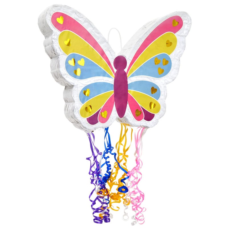 BLUE PANDA Butterfly Pinata Pull String - 16.5 x 13 x 3 In, Pink, Yellow & Blue - Rainbow & Pull-Apart PiÃ±ata for Birthday Party Decoration & Garden Theme Fairy Party - Image 1